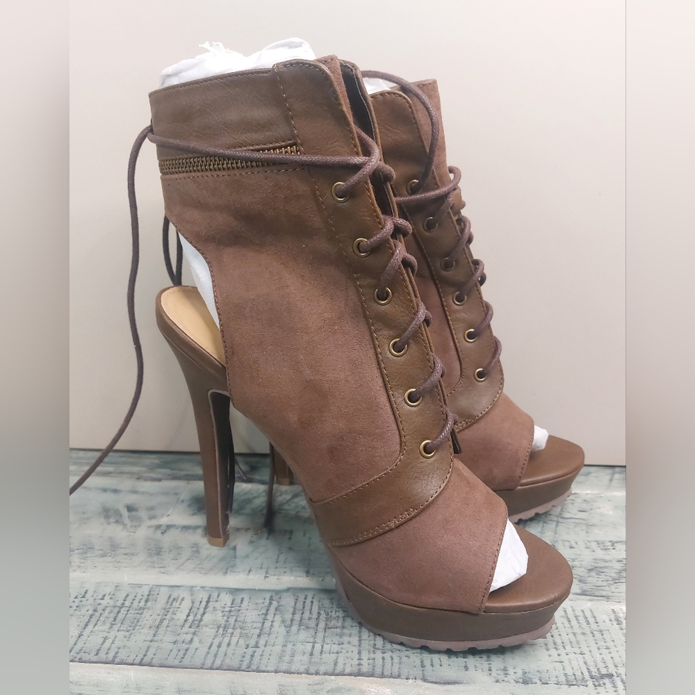 Brown Lace-Up Peep Toe Heeled Boots